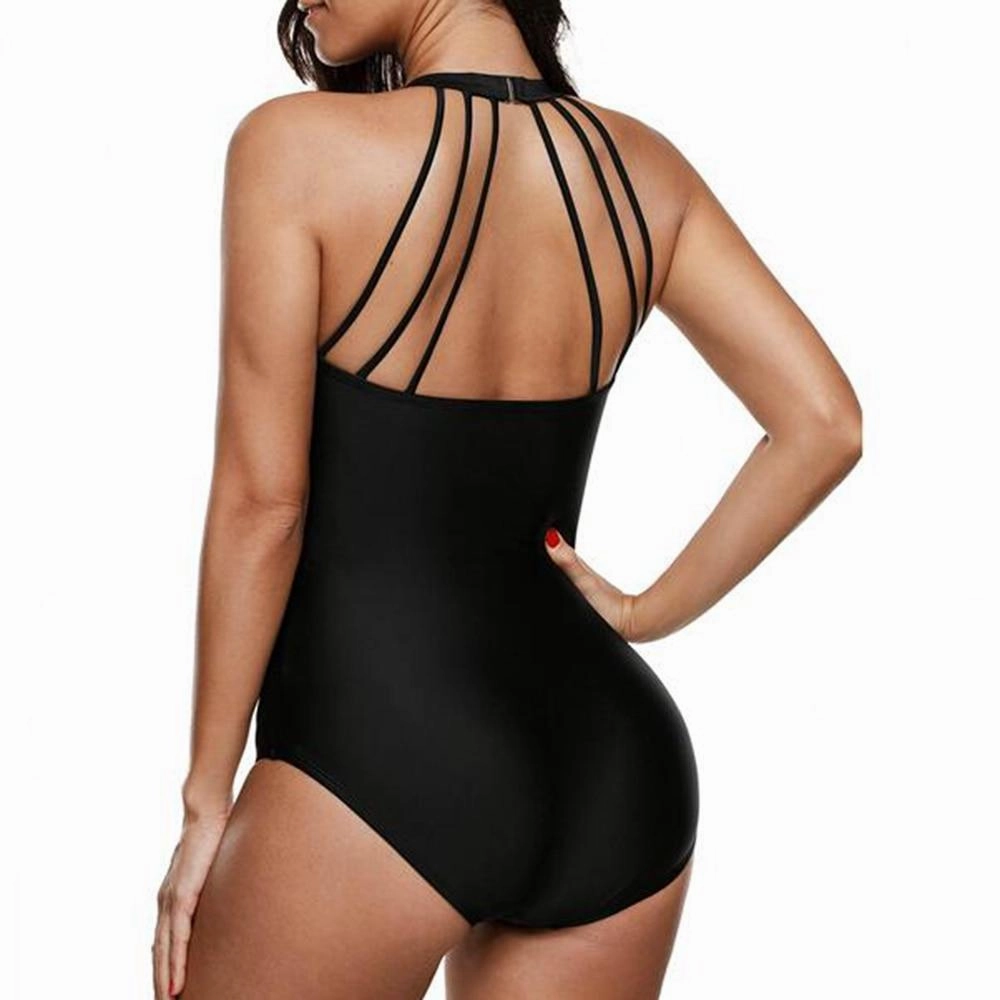 Black Mesh Stripe Print One Piece Halter Women Swimwear