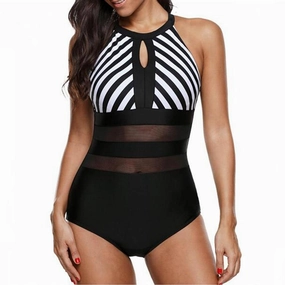 Black Mesh Stripe Print One Piece Halter Women Swimwear