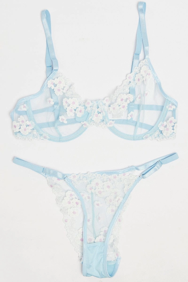 Blue Embroidery Lingerie Set