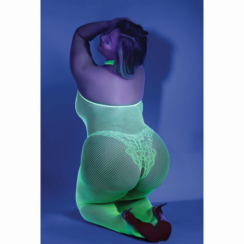 Fantasy Lingerie Glow Moonbeam Crotchless Bodystocking-Neon Green Queen-Boxed