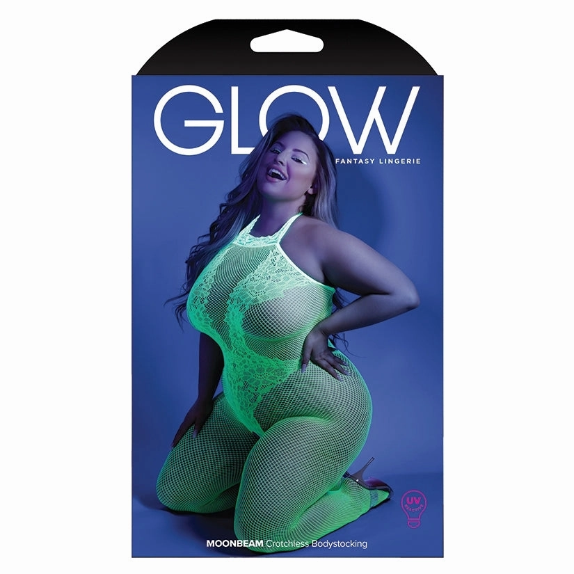 Fantasy Lingerie Glow Moonbeam Crotchless Bodystocking-Neon Green Queen-Boxed