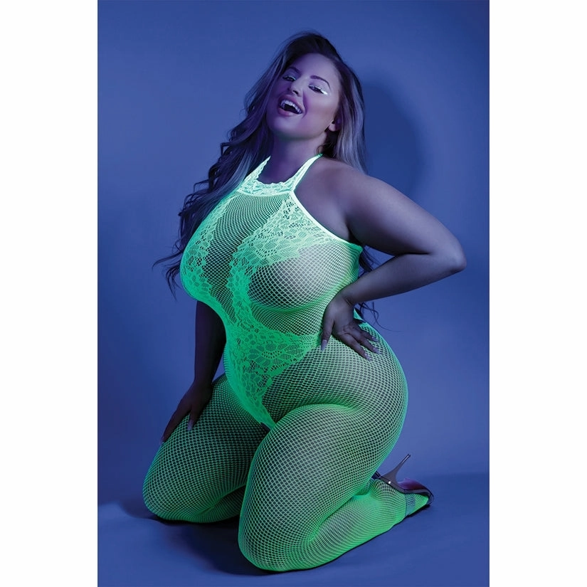 Fantasy Lingerie Glow Moonbeam Crotchless Bodystocking-Neon Green Queen-Boxed