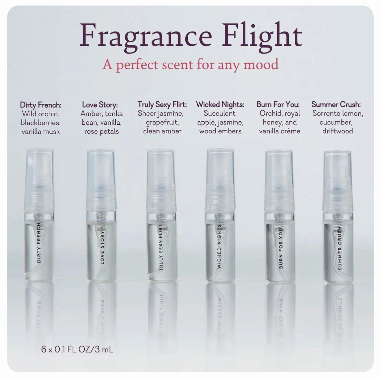 Fragrance Flight - Pheromone Perfumes - IN STOCK - 33 LEFT! - Pure Romance - Flirt, Dirty French, Love Story, Burn For You, Wicked Nights, Summer Crush