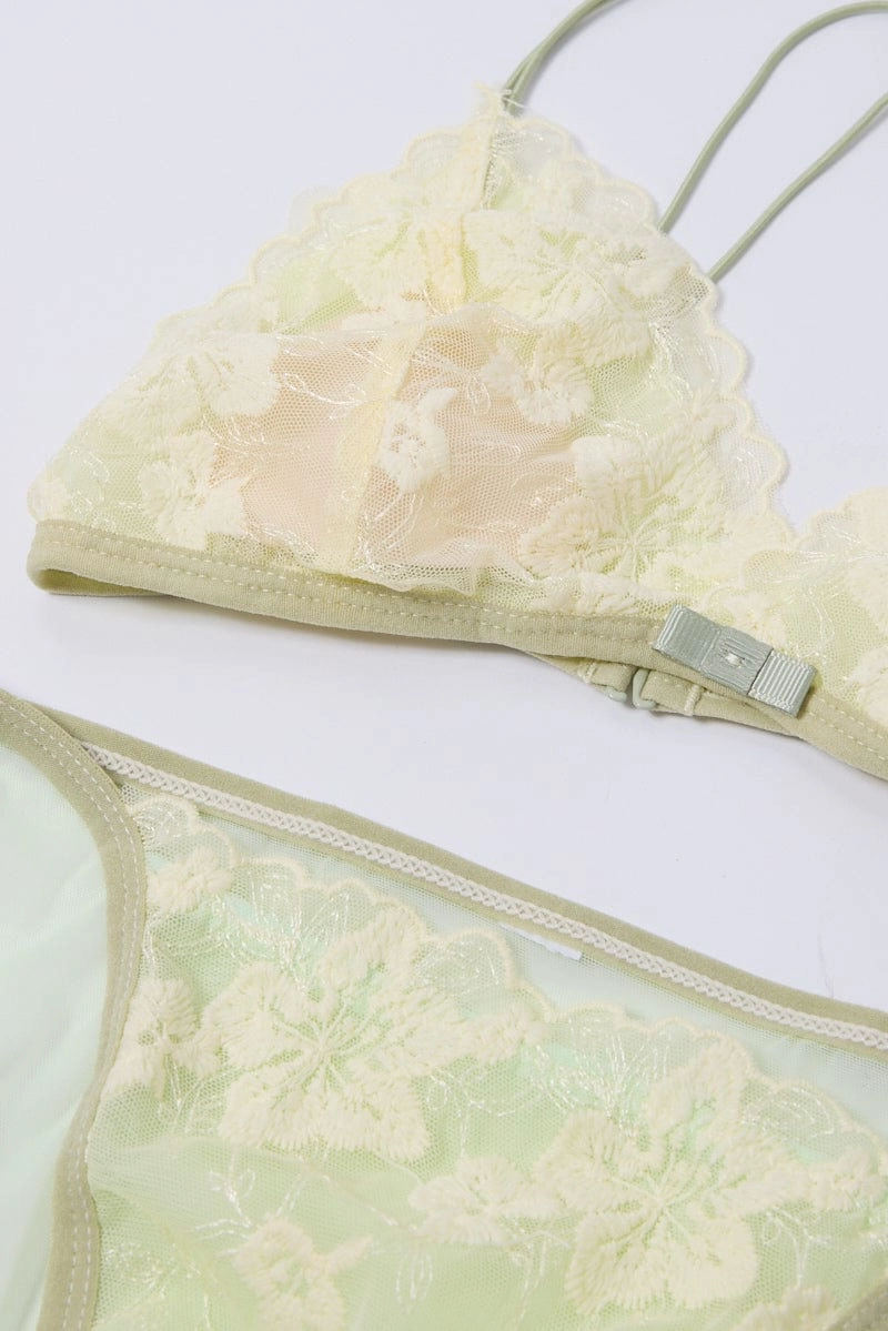 Green Floral Embroidery Lingerie Set