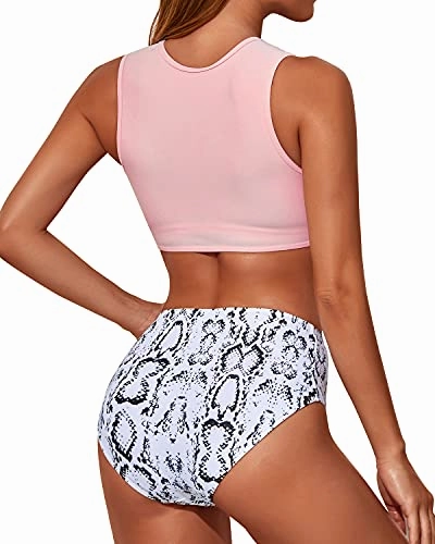 Lace Tie Knot Front High Waisted Women's 2 Piece Swimsuit-Pink Snake