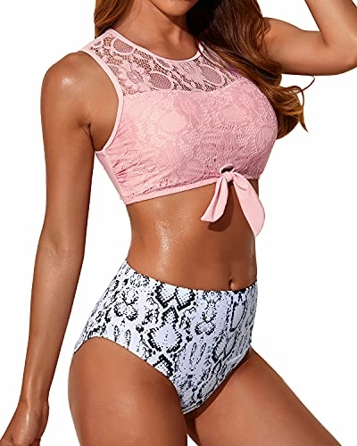 Lace Tie Knot Front High Waisted Women's 2 Piece Swimsuit-Pink Snake