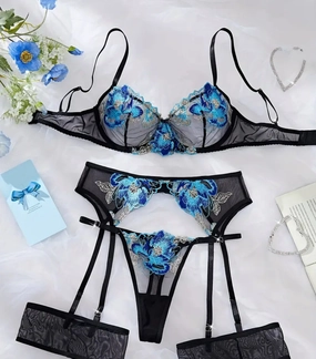 Midnight Orchid Lingerie - Bra & Panty Set with Removable Garters