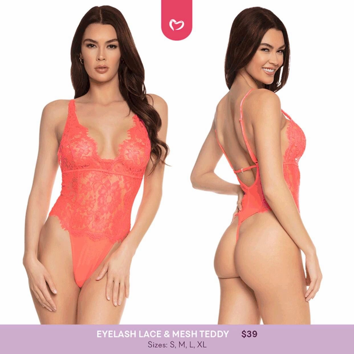 Neon Coral Eyelash Lace & Mesh Teddy - 2 LEFT!