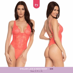Neon Coral Eyelash Lace & Mesh Teddy - 2 LEFT!