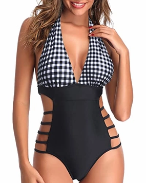 Open Back Cutout Sexy One Piece Swimsuits-Black And White Checkered