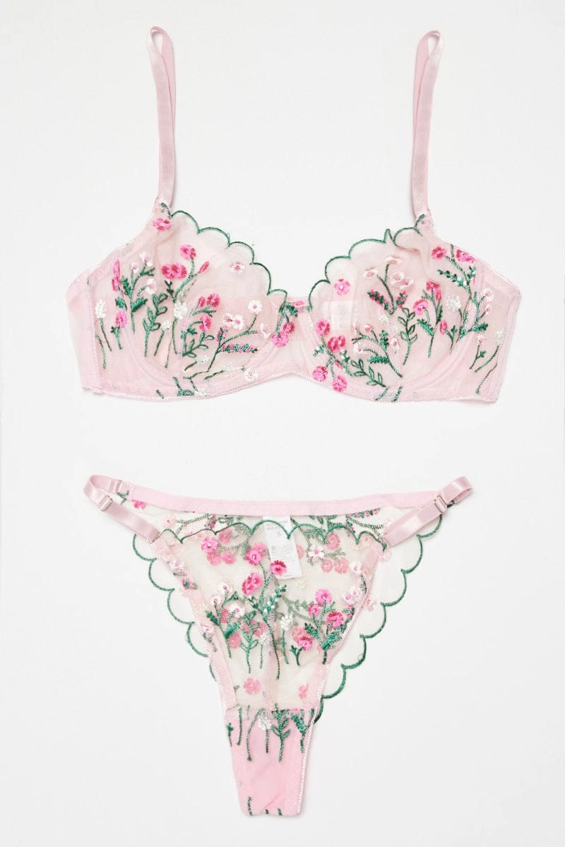 Pink Embroidery Lingerie Set