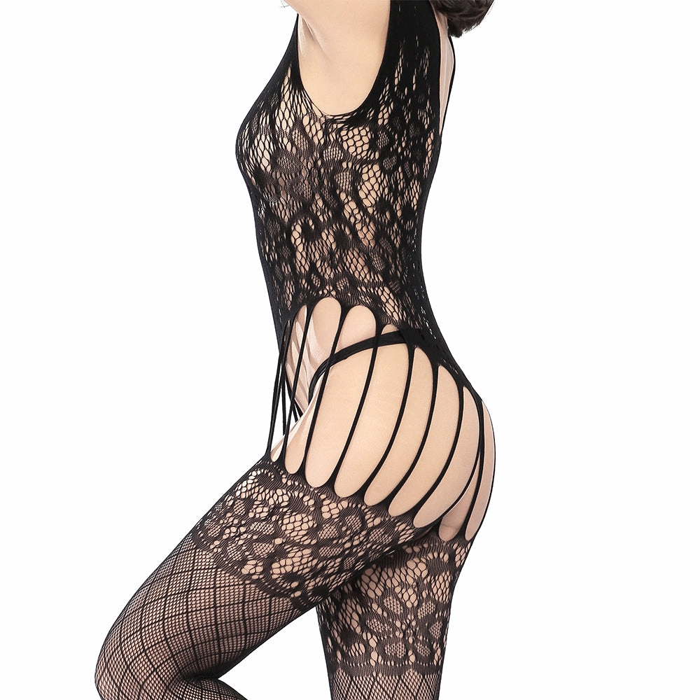 Python Texture Sexy Lace Jumpsuit Lingerie Set - Black