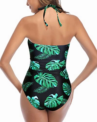 Sexy Cutout Tummy Control Halter Backless One Piece Swimsuits-Black And Green Leaf