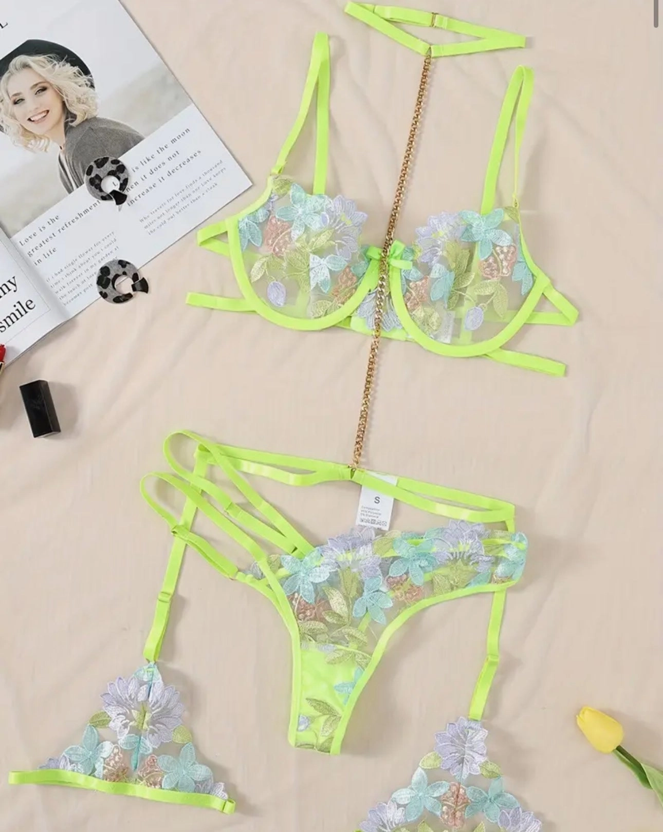 Spring Fling Neon Floral Embroidered Lingerie - Bra & Panty Set with Removable Garters