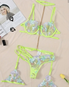 Spring Fling Neon Floral Embroidered Lingerie - Bra & Panty Set with Removable Garters
