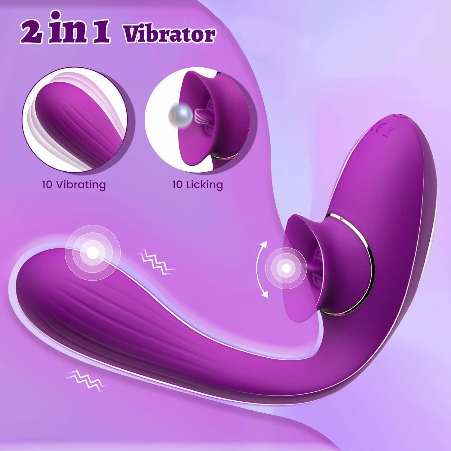 Thrusting Dildo Vibrator for Women,KERERO 2 in 1 Licking & Sucking Rechargeable Vibrator with 10 Modes,180 ° Bendable G spot Vibrator Adult Sex Toys for Womens Couples (Purple)