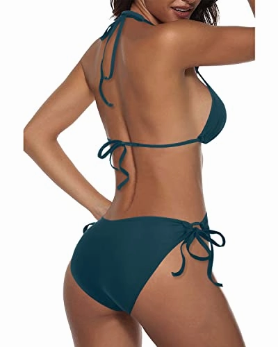 Two Piece Halter Tie Side Bottom Triangle Push Up Bikini-Teal